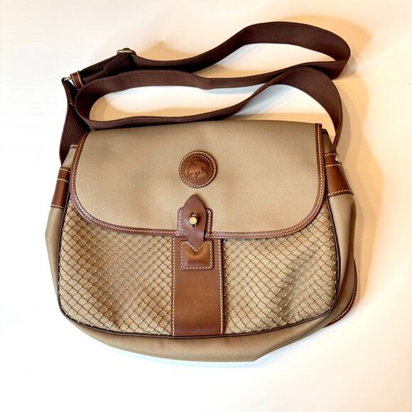 Hunting World Safari Today Messenger Bag Tan Nylon Leather Trim Italy Crossbody